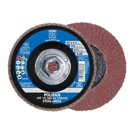 Pferd 4-1/2" x 5/8-11 Thd. POLIFAN Flap Disc - A SG STEELOX, Aluminum oxide, 80 Grit, Flat 62254